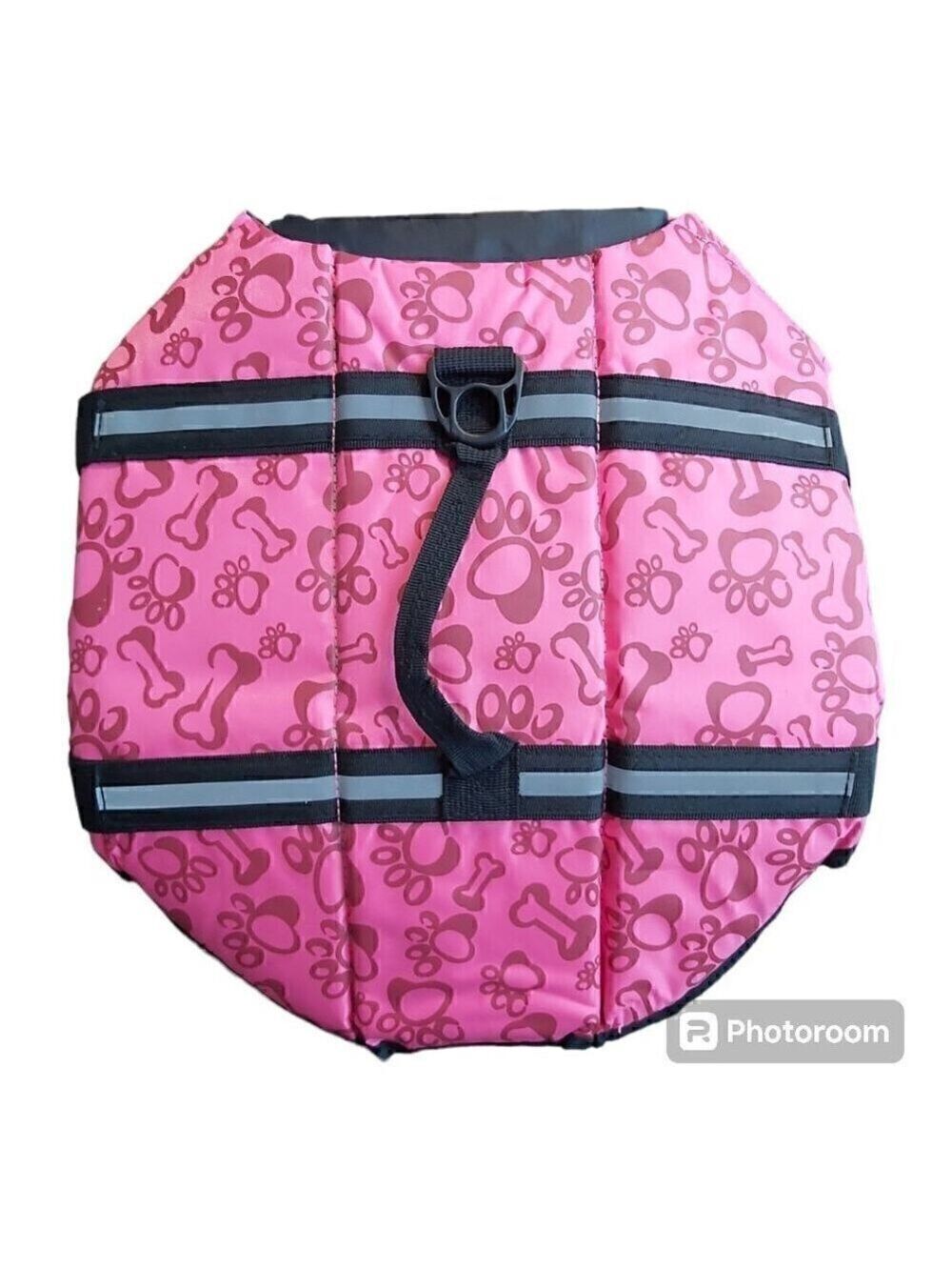 NWOT Pink Paw and Bones Print Dog Life Jacket/Vest With Handle - Size Large - Picture 1 of 6